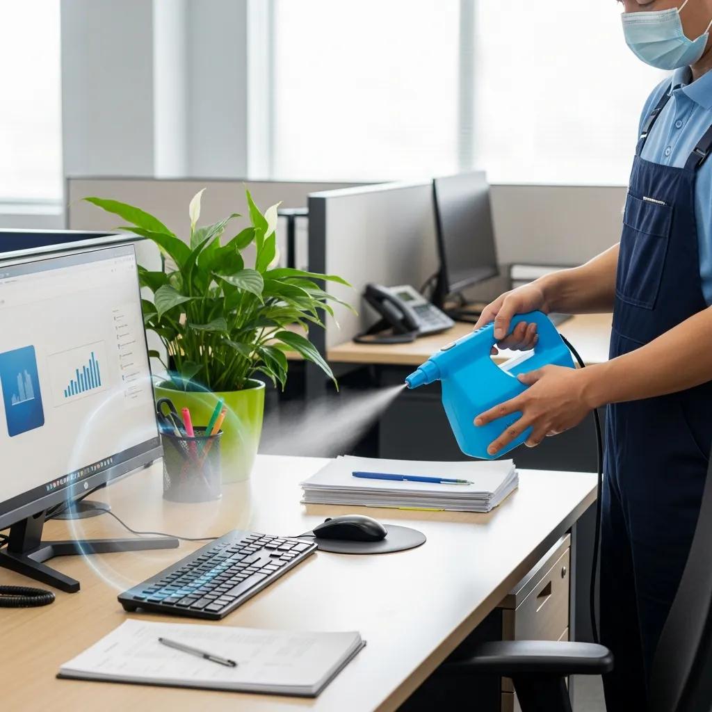 Cleaner using an electrostatic sprayer on high-touch surfaces in an office, showcasing effective sanitization methods