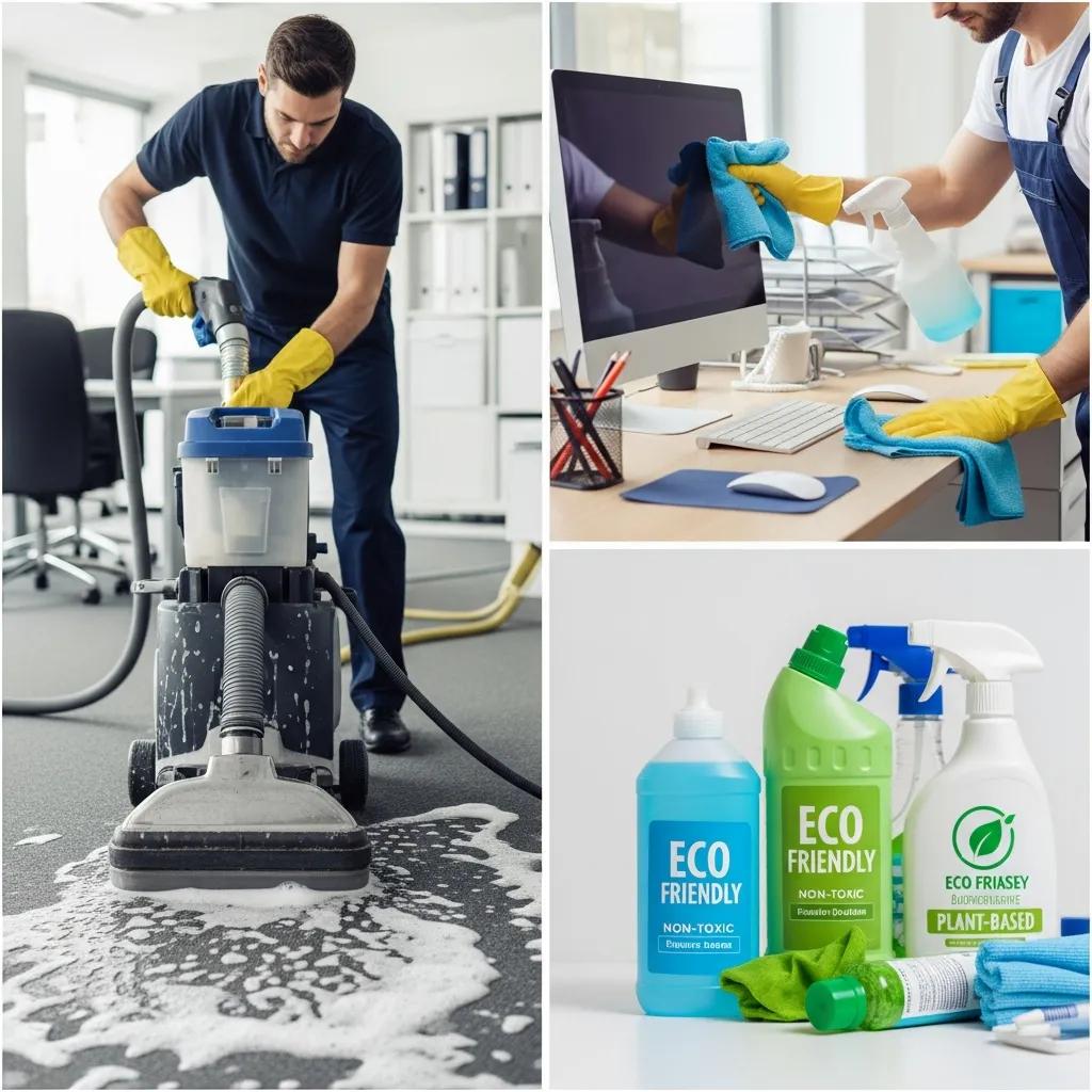 Collage of office cleaning services including deep cleaning and eco-friendly products